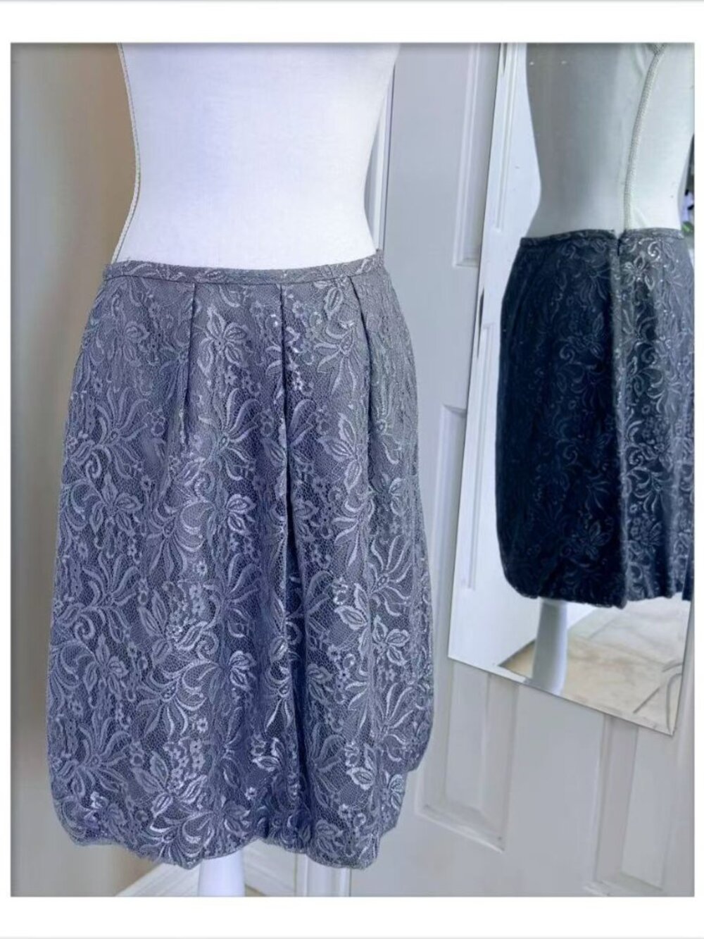 Silver-gray metallic lace-overlay floral lace pattern bubble skirt size 6